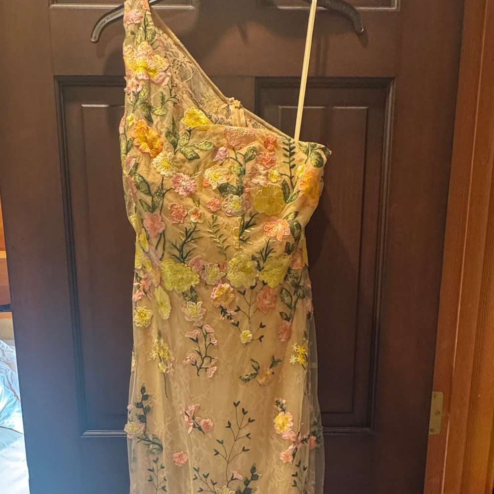 Mac Duggal Strapless Dress with Floral Embroidery